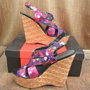 Guess Wedge Platform Sandals Havana Dk Pink Floral Open Toe Women’s Size 6 1/2M